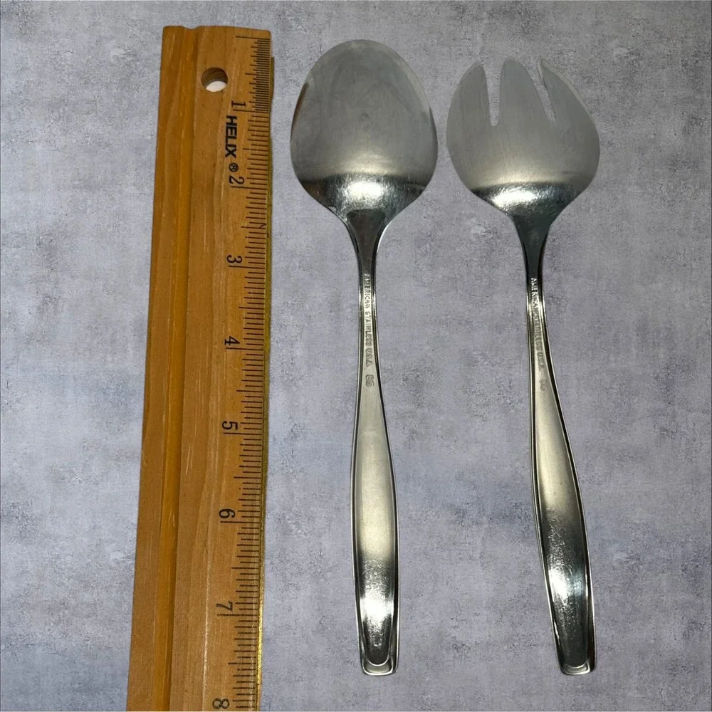 American Stainless Salad Servers Set Silver Tone Mid Century Modern USA Made